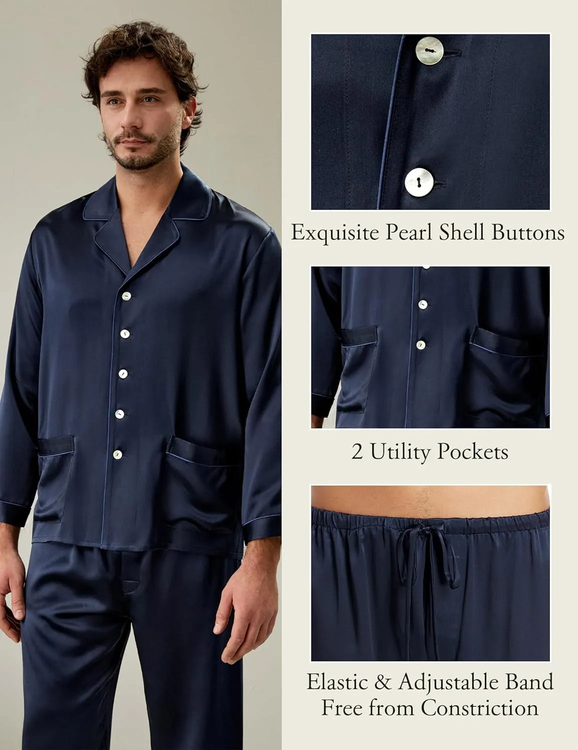 LilySilk 22 Momme Men's Silk Long Pajamas Set for Men 2pc Sleepwear Soft Luxury Real Mulberry Silk