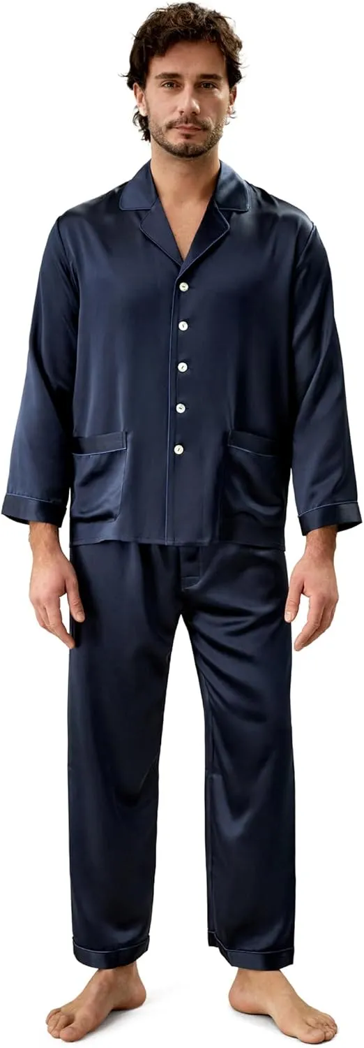 LilySilk 22 Momme Men's Silk Long Pajamas Set for Men 2pc Sleepwear Soft Luxury Real Mulberry Silk