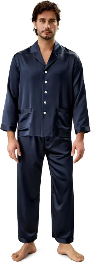 LilySilk 22 Momme Men's Silk Long Pajamas Set for Men 2pc Sleepwear Soft Luxury Real Mulberry Silk