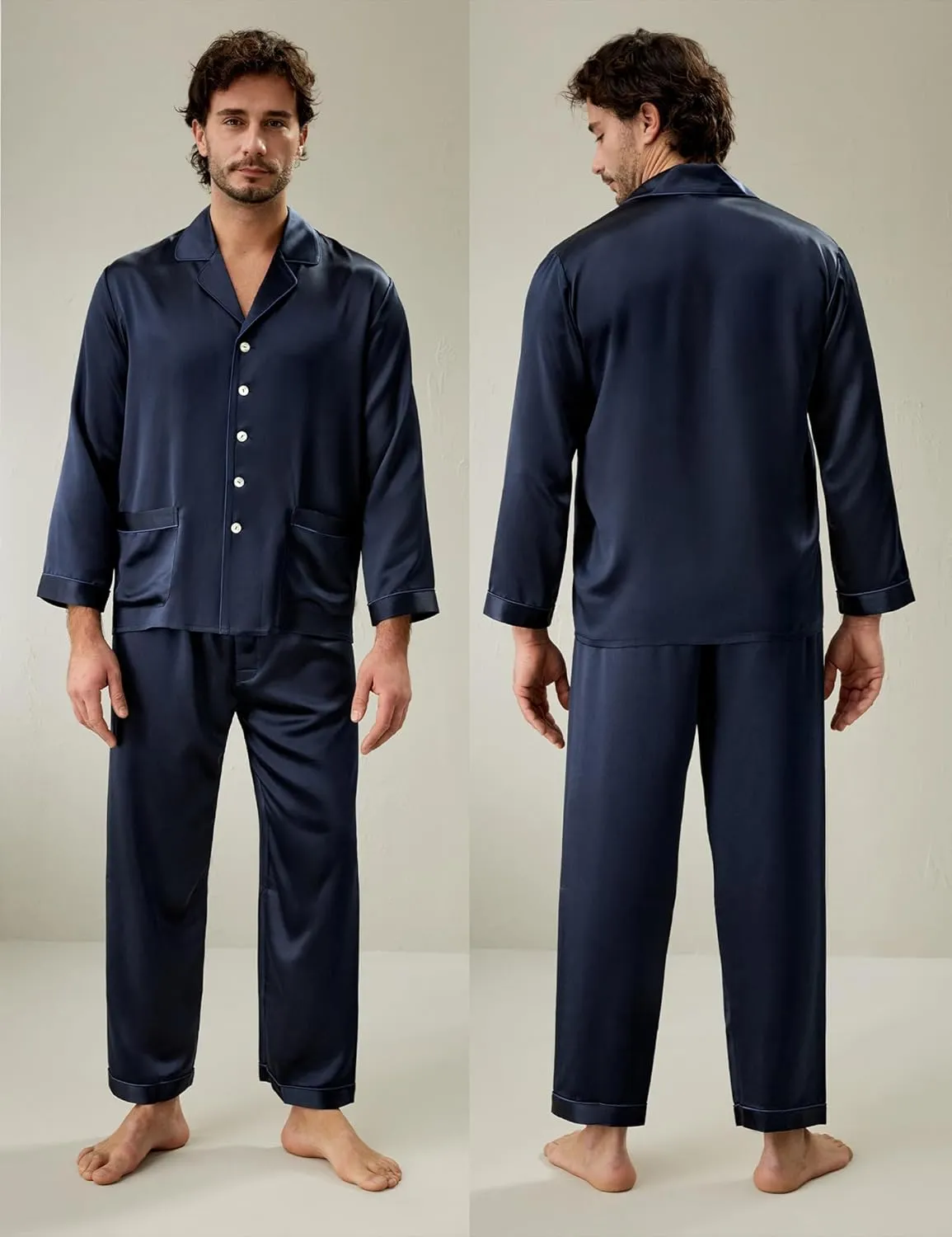 LilySilk 22 Momme Men's Silk Long Pajamas Set for Men 2pc Sleepwear Soft Luxury Real Mulberry Silk