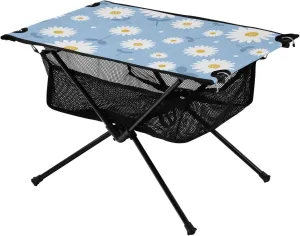 linqin Folding Outdoor Table Daisy Flower Blue Rectangle Portable Drink Table with Storage Bag for Outdoor Beach Grill BBQ Travel