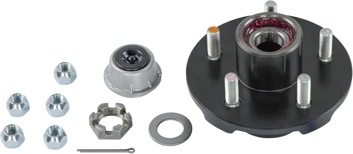Lippert Complete Pre-Greased Hub Assembly Kit for 3,500-lb. Axle Hubs with Brake Hub Assembly, Dust Cap, Cotter Pin, 6-Slot Castle Spindle Nut, Round Spindle Washer, (5) 60° Cone Trailer Lug Nuts