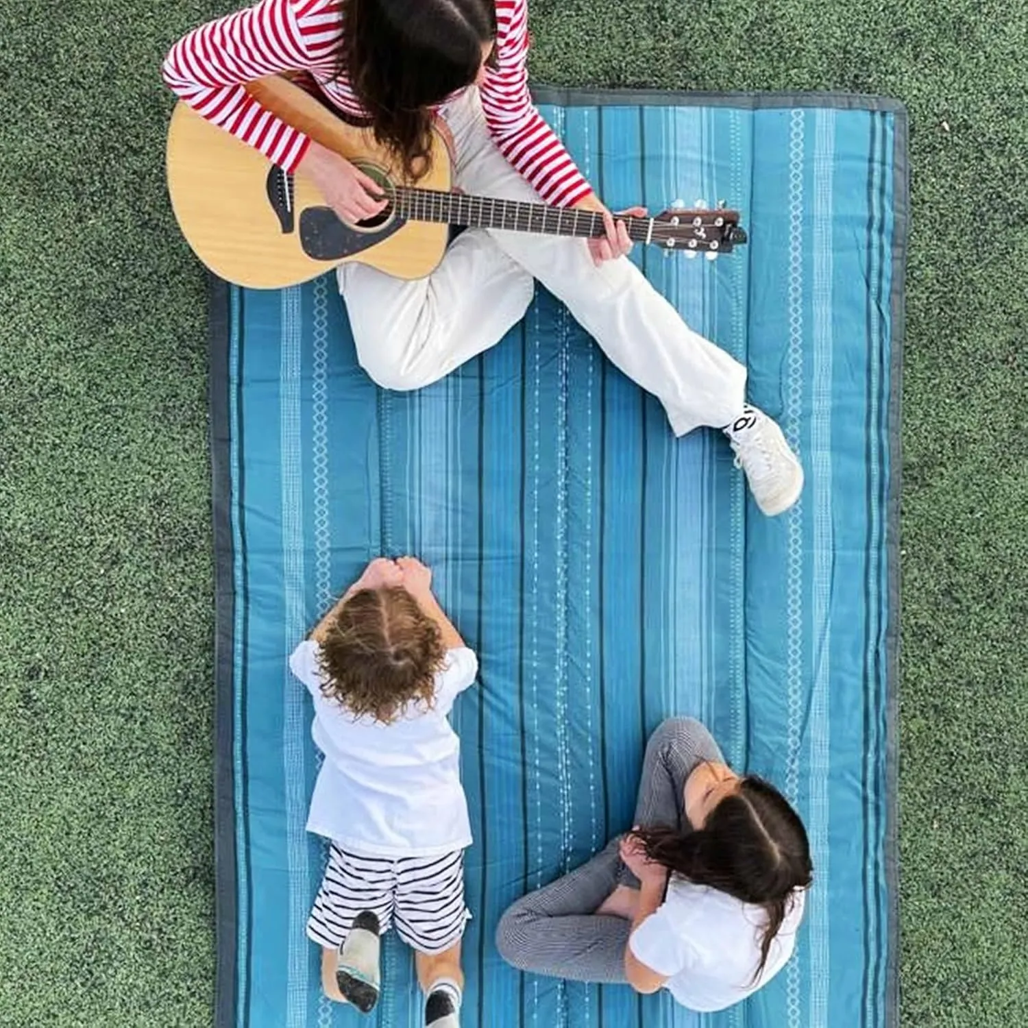 Little Unicorn 5'x5' Outdoor Family Picnic & Beach Blanket | Durable & Water-Resistant Fabric | Compact Fold & Easily Wipes Clean | Zipper Pocket (Shoreline Stripe)