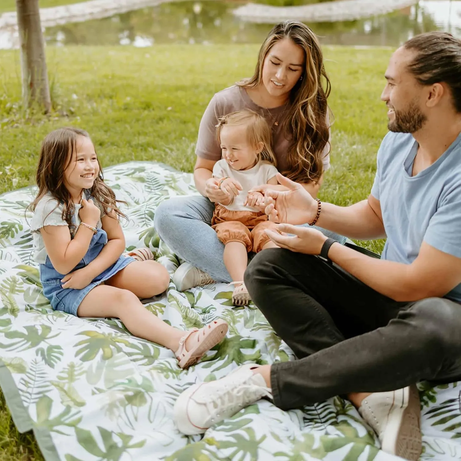 Little Unicorn 5'x5' Outdoor Family Picnic & Beach Blanket | Durable & Water-Resistant Fabric | Compact Fold & Easily Wipes Clean | Zipper Pocket (Tropical Leaf)