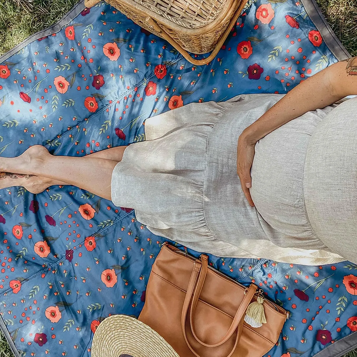 Little Unicorn 5'x7' Outdoor Family Picnic & Beach Blanket | Durable & Water-Resistant Fabric | Compact Fold & Easily Wipes Clean | Zipper Pocket (Midnight Poppy)