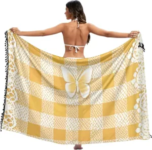 Lovely Yellow Lace Butterfly Plaid Skirt Cover Up Beach Trendy Beach Cover Up Skirt Vacation Outfits 45x70in