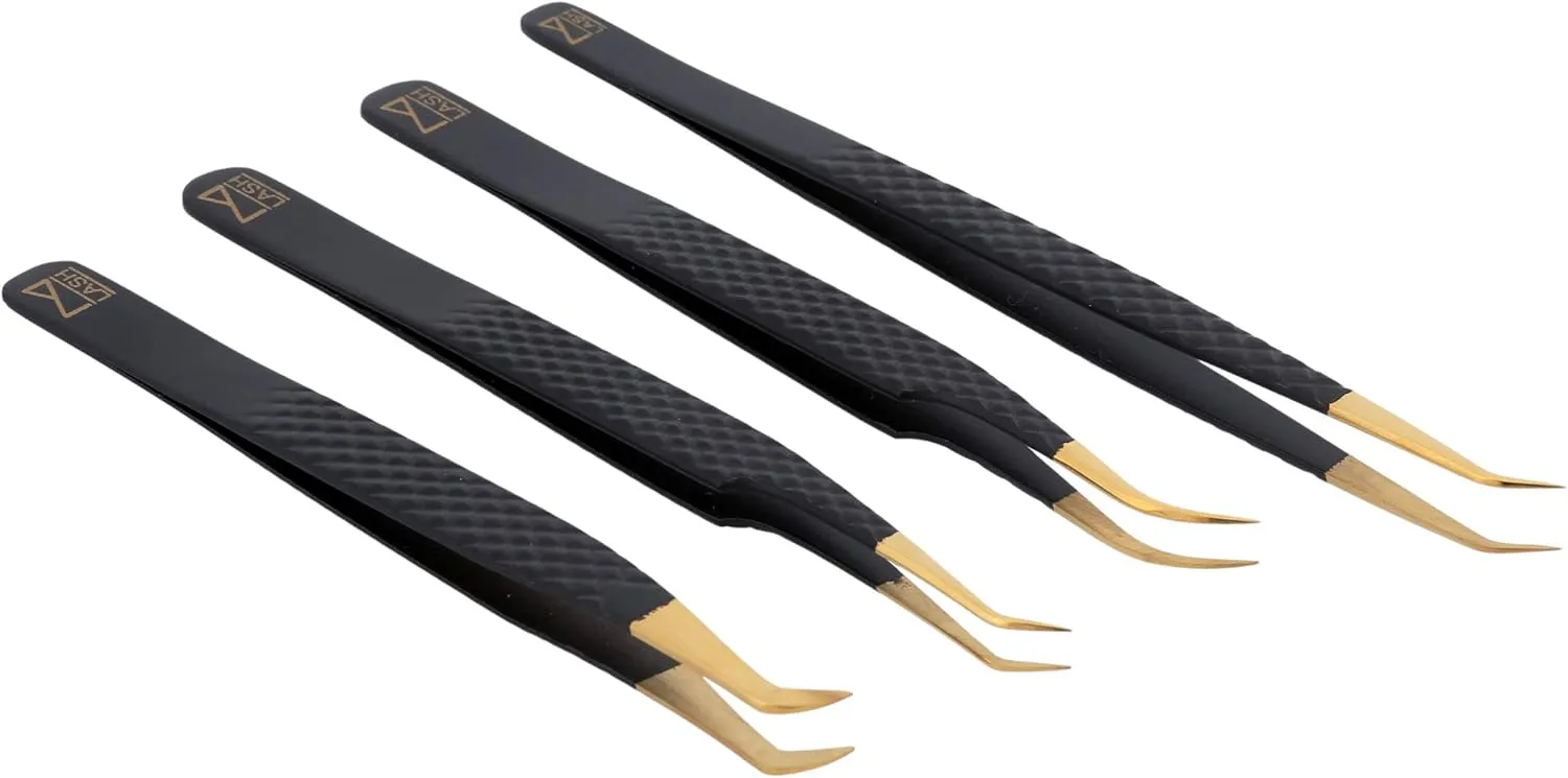 M LASH Tweezers for Eyelash Extensions (Set of 4) - Professional Lash Extension Tweezers - Fiber Tip, Japanese Steel, Diamond Grip Eyelash Extension Tweezer (Matte Black)