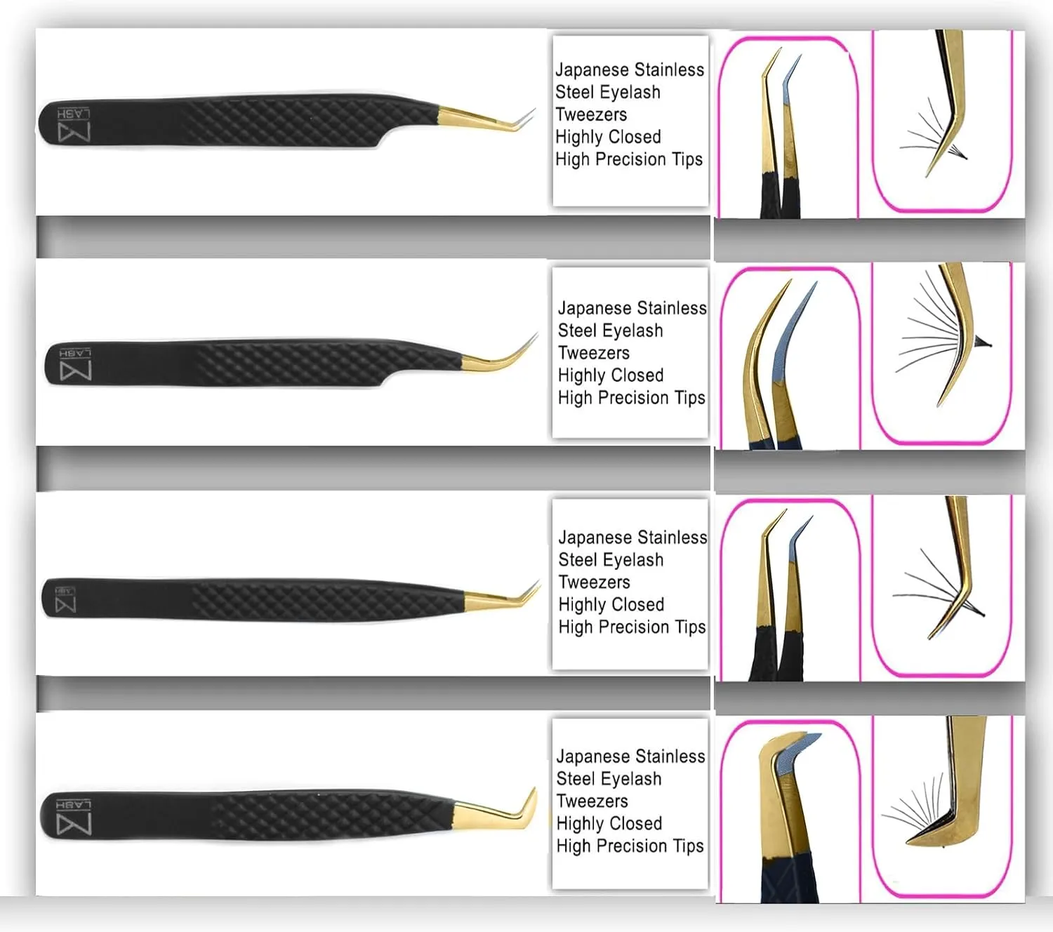 M LASH Tweezers for Eyelash Extensions (Set of 4) - Professional Lash Extension Tweezers - Fiber Tip, Japanese Steel, Diamond Grip Eyelash Extension Tweezer (Matte Black)