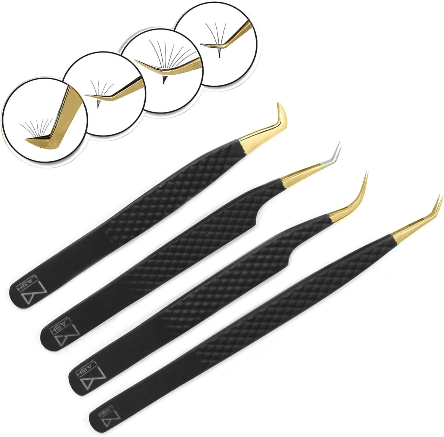 M LASH Tweezers for Eyelash Extensions (Set of 4) - Professional Lash Extension Tweezers - Fiber Tip, Japanese Steel, Diamond Grip Eyelash Extension Tweezer (Matte Black)