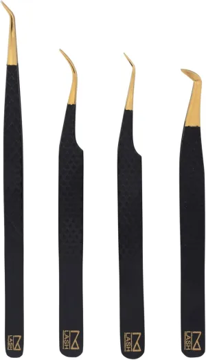 M LASH Tweezers for Eyelash Extensions (Set of 4) - Professional Lash Extension Tweezers - Fiber Tip, Japanese Steel, Diamond Grip Eyelash Extension Tweezer (Matte Black)