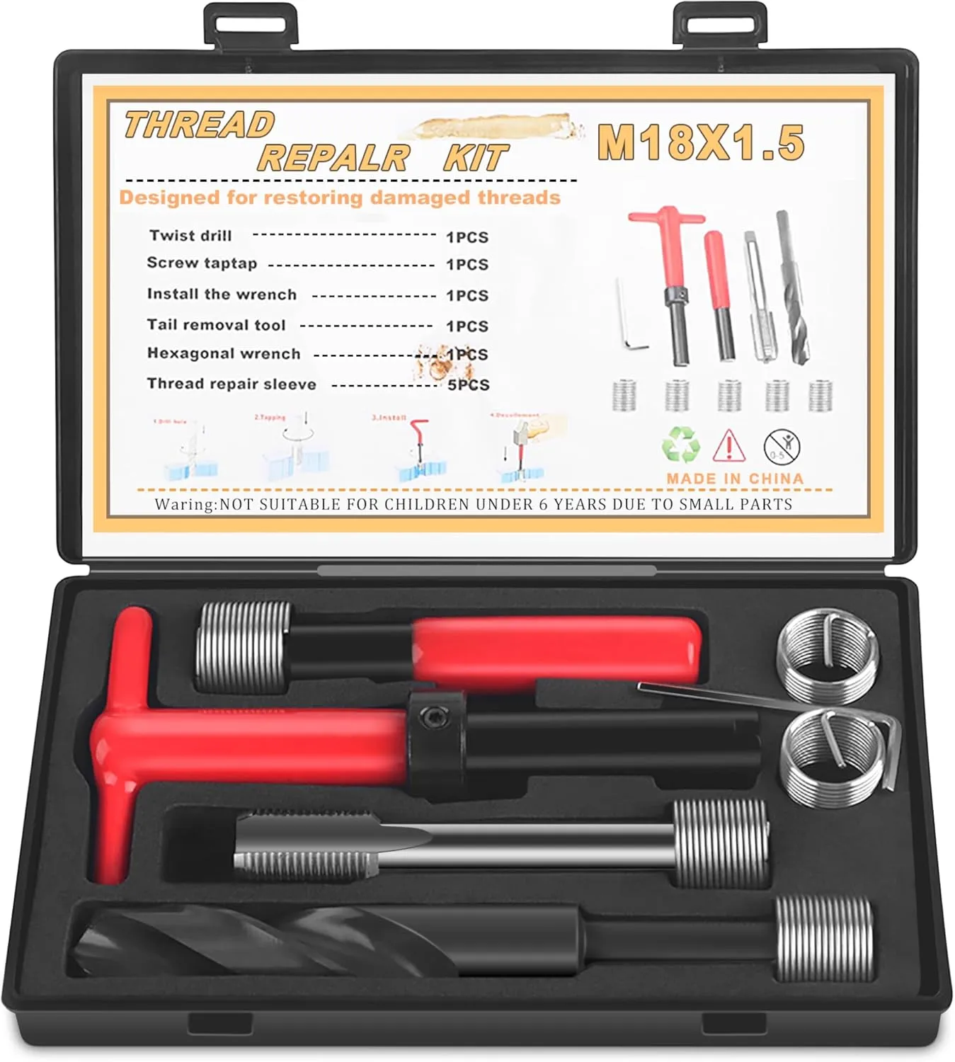 M18x1.5 Thread Repair Kit, 10 Pcs Helicoil Thread Repair Kit Thread Chaser Set, Portable Thread Metric Inserts Repair Kits Helicoil Thread Repair kit, Compatible Hand Tool Set for Auto Repairing