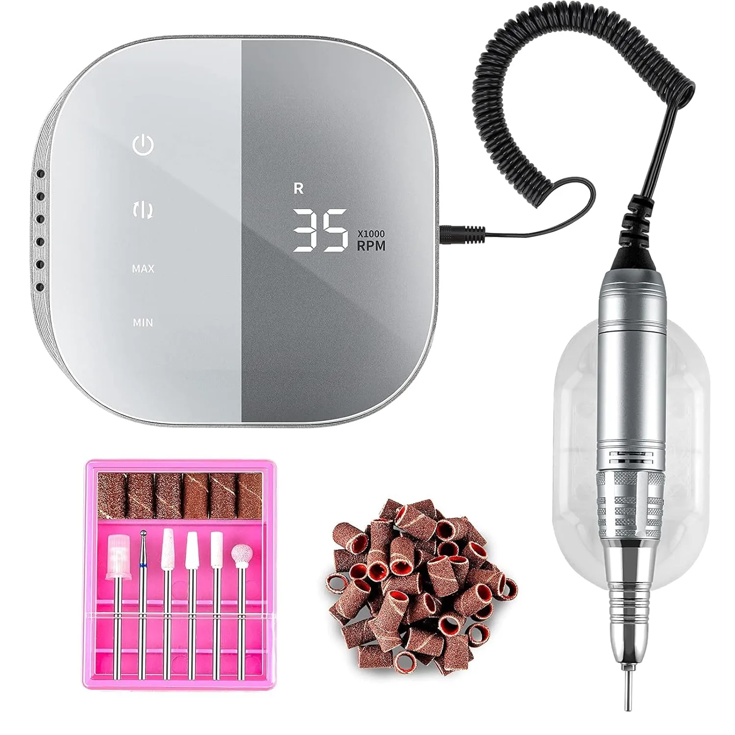 Madenia Professional Nail Drill Machine for Acrylic Nails, 35000RPM Compact Cute Electric Nail Drills with Touch Screen Efile Nail Drill E File Kit for Salon Home Manicure Pedicure Use, Gray