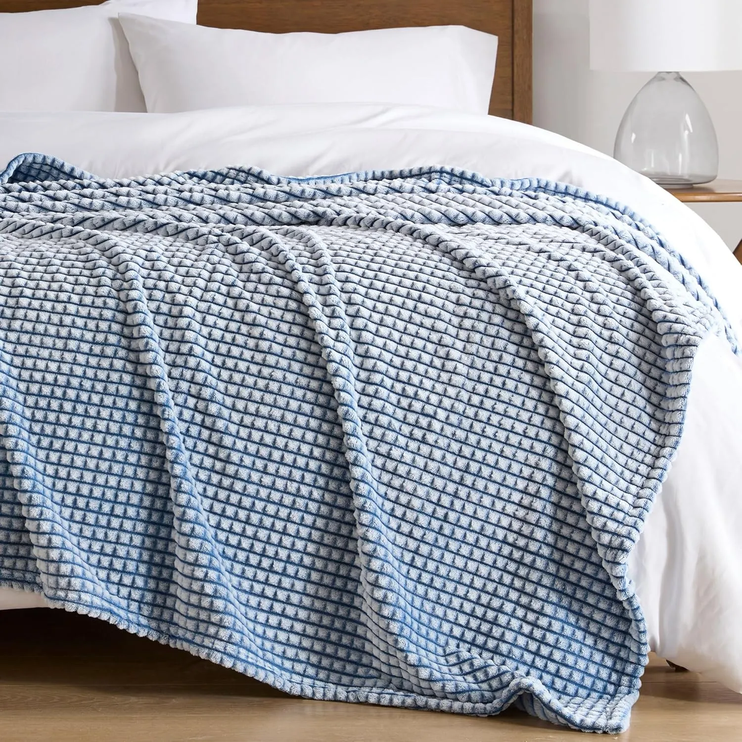 Madison Park Cozy Blanket Soft Plush Blanket Chic Backprinted Carved Texture Design, Trendy, All Seasons Lightweight Bedding for Summer Cover for Bed, Couch & Sofa, Full/Queen, Blue