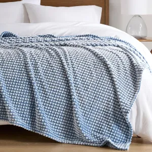 Madison Park Cozy Blanket Soft Plush Blanket Chic Backprinted Carved Texture Design, Trendy, All Seasons Lightweight Bedding for Summer Cover for Bed, Couch & Sofa, Full/Queen, Blue