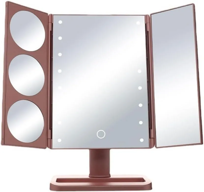 Makeup Mirror Compact Mirror Cosmetic Mirror LED Three-fold Foldable Girls Beauty Portable Light Mirror Desktop Makeup Mirror with Light Vanity Mirror Make up Mirror(A)