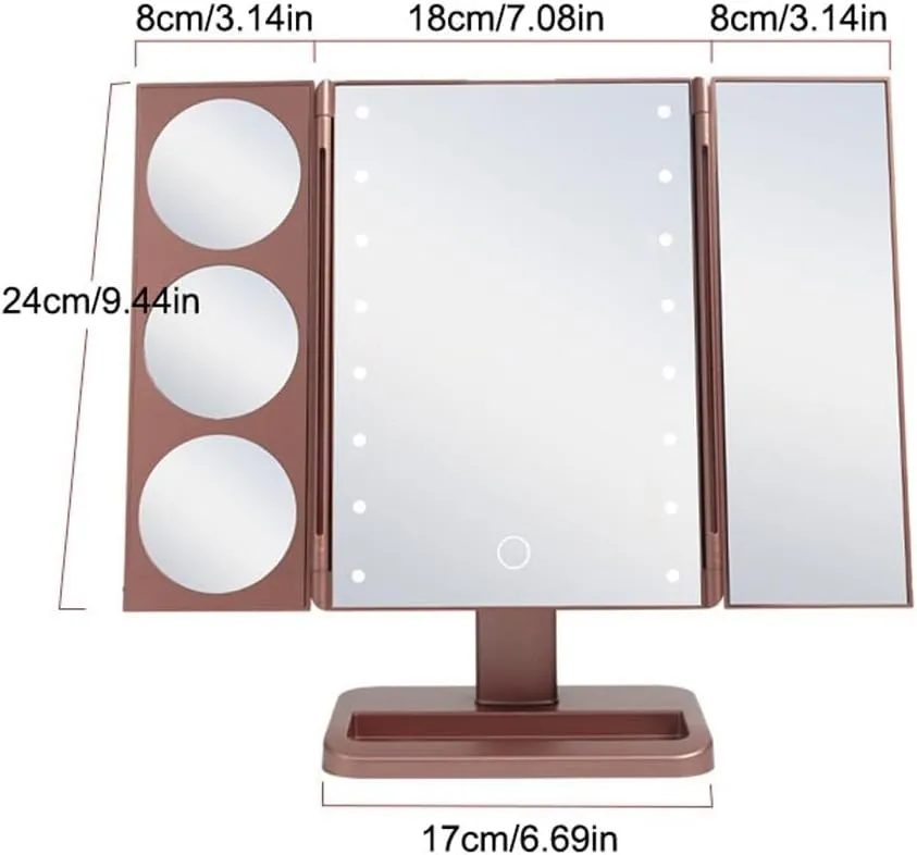 Makeup Mirror Compact Mirror Cosmetic Mirror LED Three-fold Foldable Girls Beauty Portable Light Mirror Desktop Makeup Mirror with Light Vanity Mirror Make up Mirror(A)