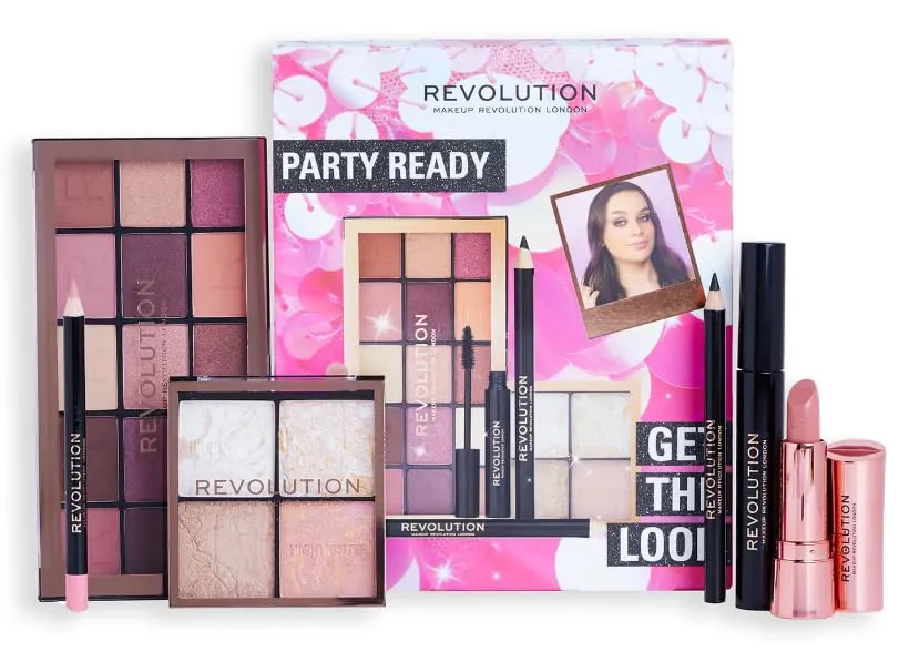 Makeup Revolution Get The Look Gift Set Party Ready, Eye Palette, Eyeliner, Lipstick, Mascara & Highlighter Included, Various Shades