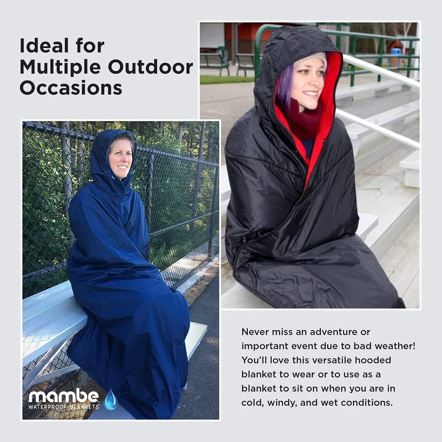Mambe Extra Large Extreme Weather Hooded Blanket Navy and Charcoal - 100% Waterproof and Windproof with Premium Stuff Sack - for Stadiums and Watching Sports Activities - Machine Washable Fleece