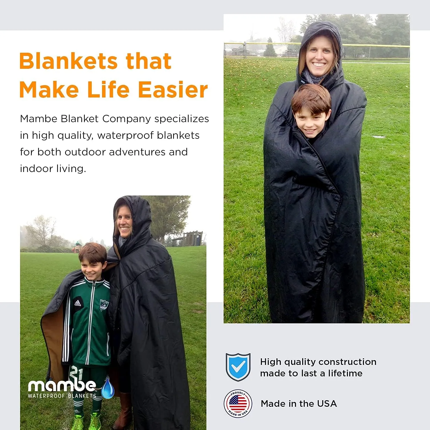 Mambe Extra Large Extreme Weather Hooded Blanket Navy and Charcoal - 100% Waterproof and Windproof with Premium Stuff Sack - for Stadiums and Watching Sports Activities - Machine Washable Fleece