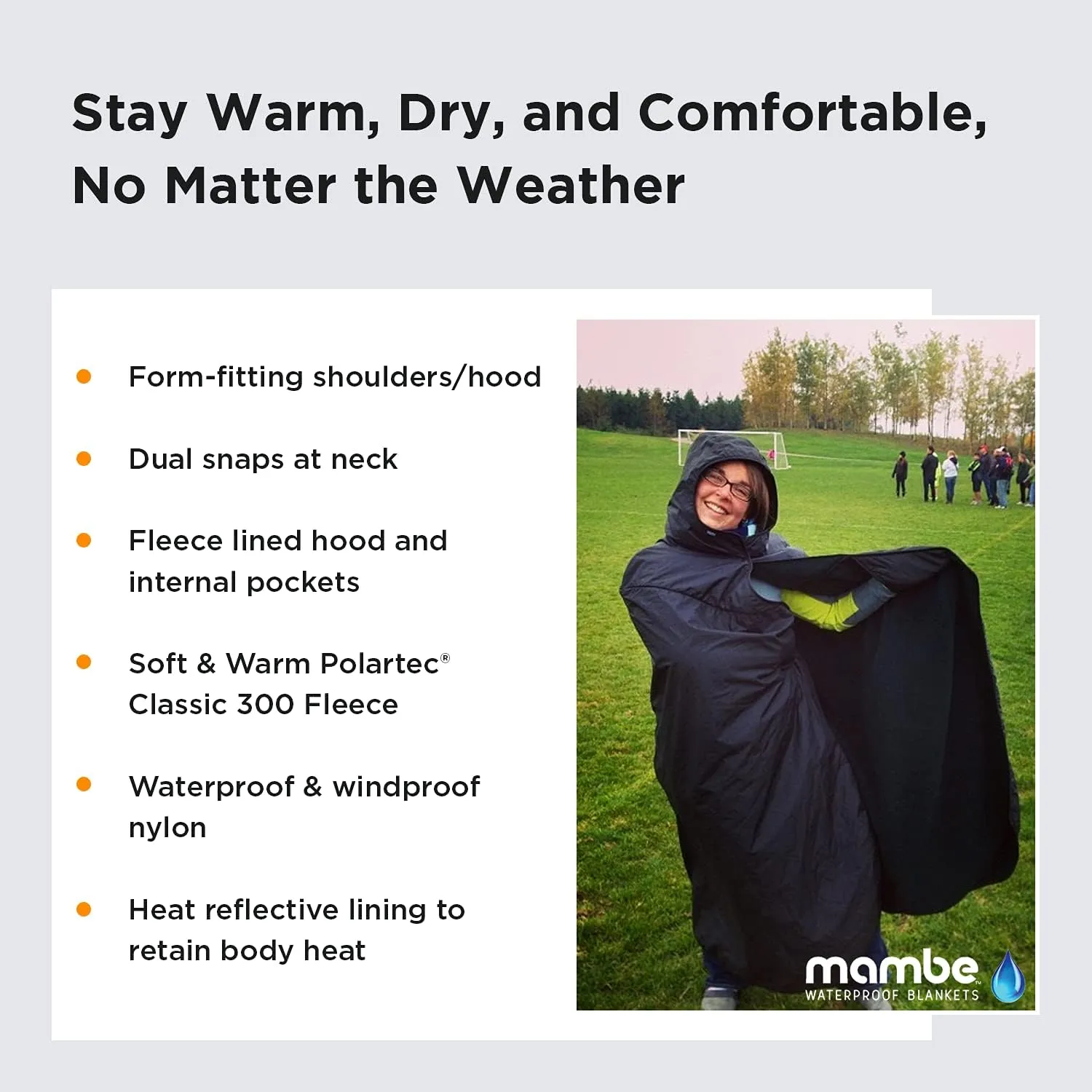 Mambe Extra Large Extreme Weather Hooded Blanket Navy and Charcoal - 100% Waterproof and Windproof with Premium Stuff Sack - for Stadiums and Watching Sports Activities - Machine Washable Fleece