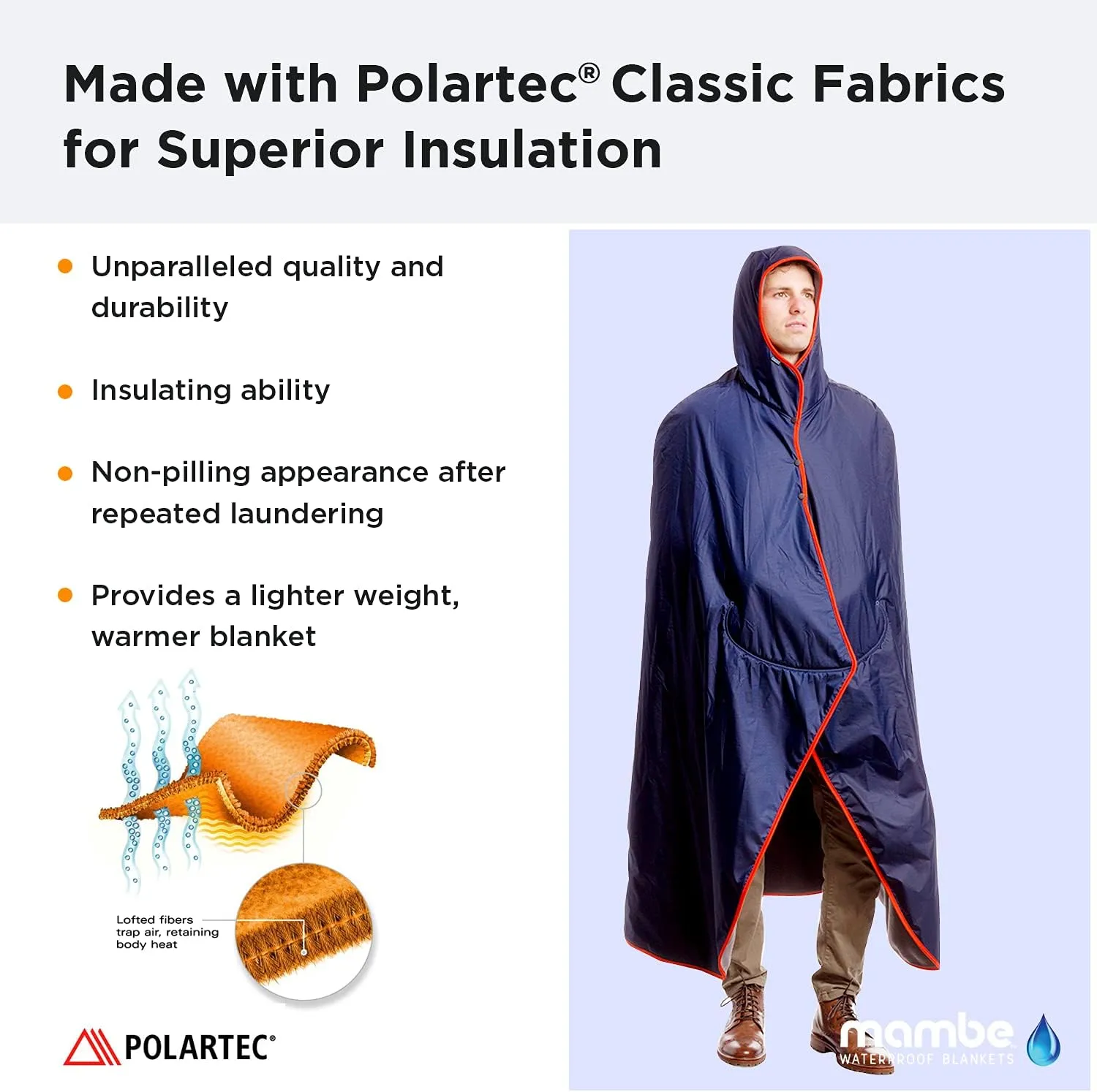 Mambe Extra Large Extreme Weather Hooded Blanket Navy and Charcoal - 100% Waterproof and Windproof with Premium Stuff Sack - for Stadiums and Watching Sports Activities - Machine Washable Fleece