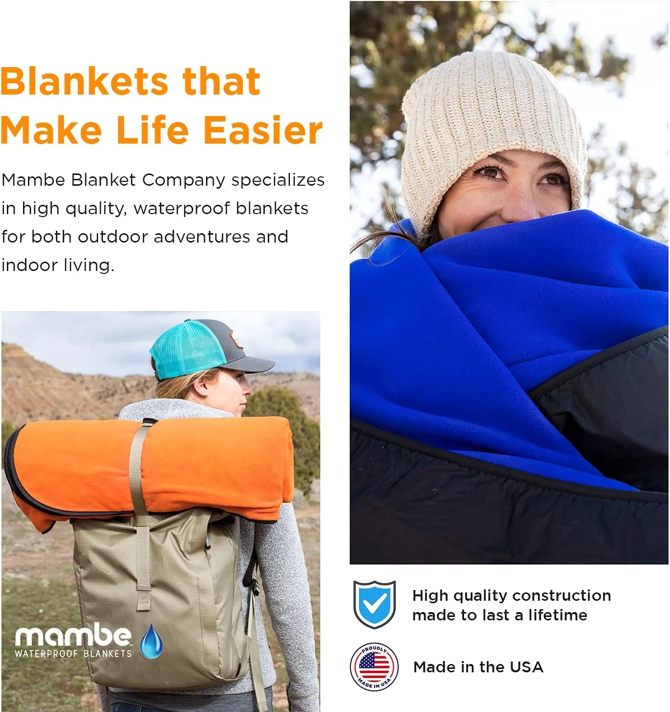 Mambe Extreme Weather Outdoor Blanket - Black, Large - 100% Waterproof and Windproof, Soft warm Polarfleece with durable nylon shell, Use at Sporting Events, Camping, Picnics, Emergency. Machine Washable