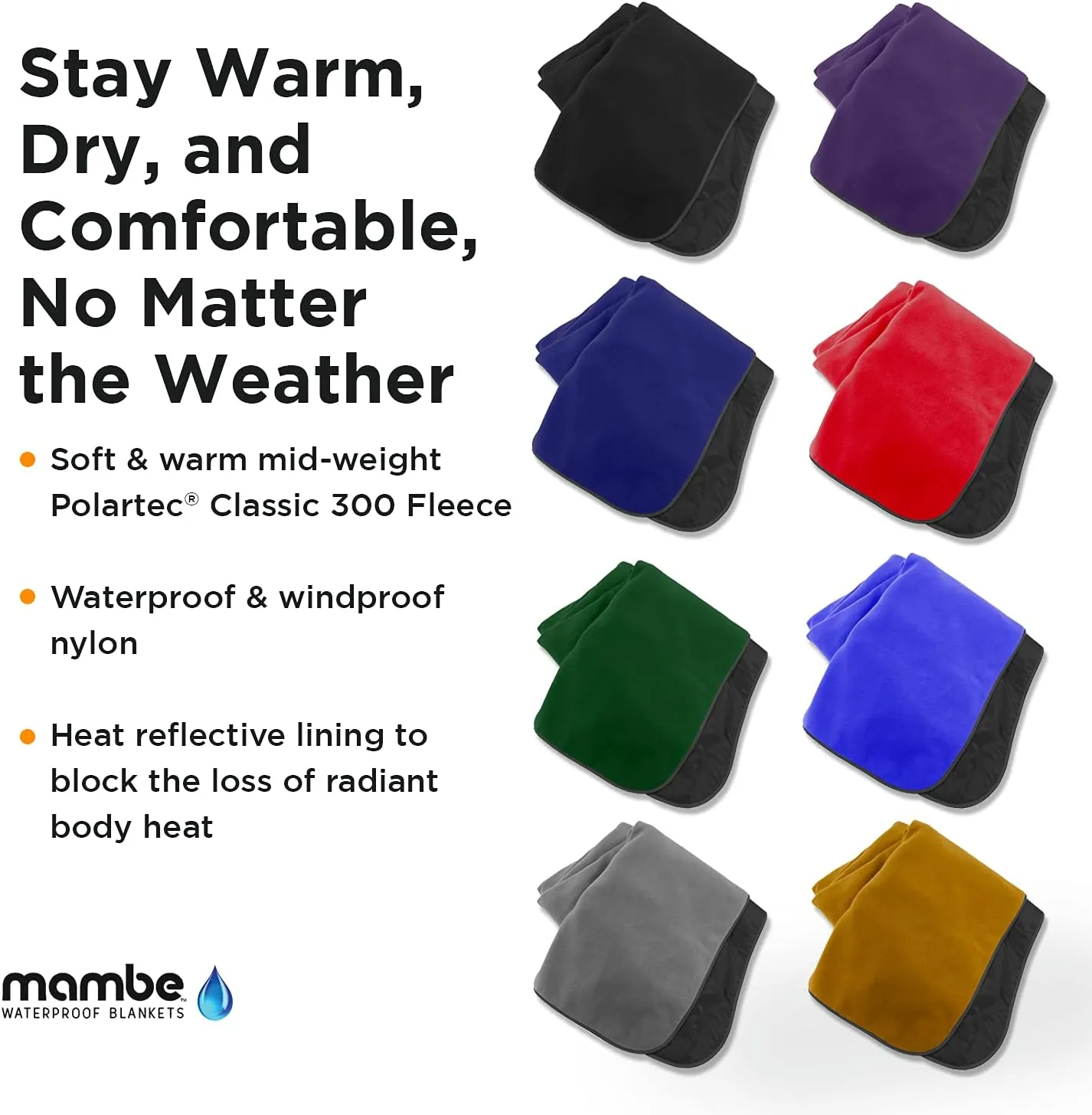 Mambe Extreme Weather Outdoor Blanket - Charcoal, Large - 100% Waterproof and Windproof, Soft warm Polarfleece with durable nylon shell, Use at Sporting Events, Camping, Picnics, Emergency. Machine Washable