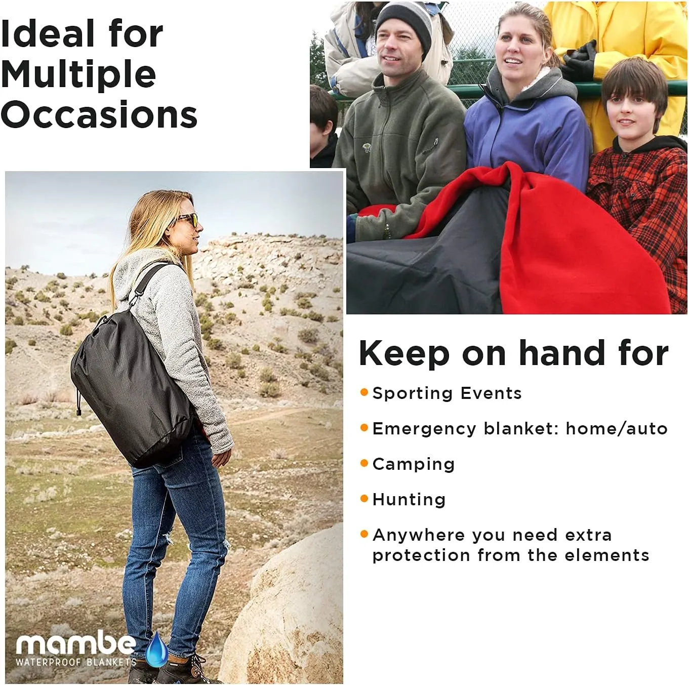 Mambe Extreme Weather Outdoor Blanket - Charcoal, Large - 100% Waterproof and Windproof, Soft warm Polarfleece with durable nylon shell, Use at Sporting Events, Camping, Picnics, Emergency. Machine Washable