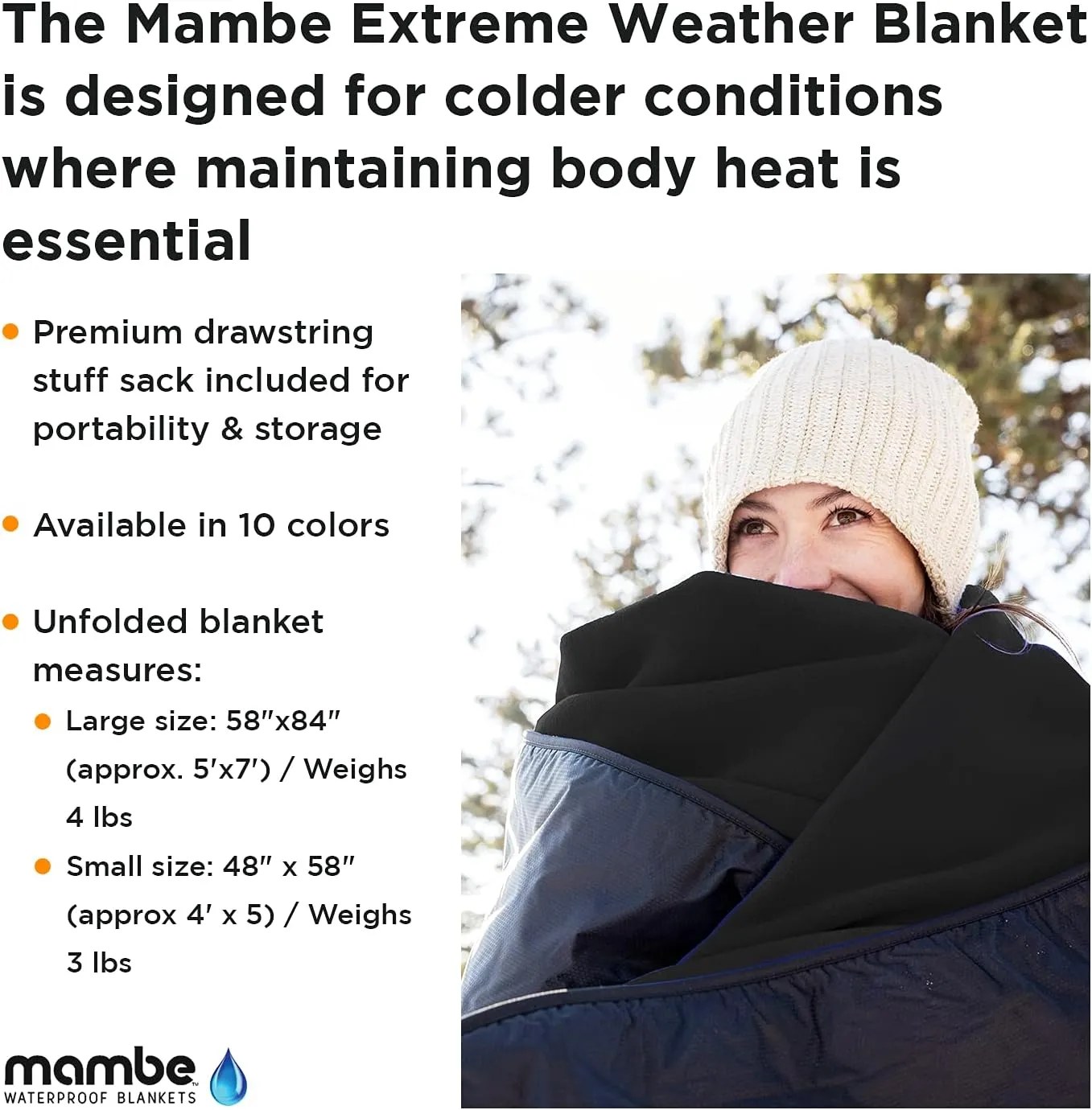 Mambe Extreme Weather Outdoor Blanket - Charcoal, Large - 100% Waterproof and Windproof, Soft warm Polarfleece with durable nylon shell, Use at Sporting Events, Camping, Picnics, Emergency. Machine Washable