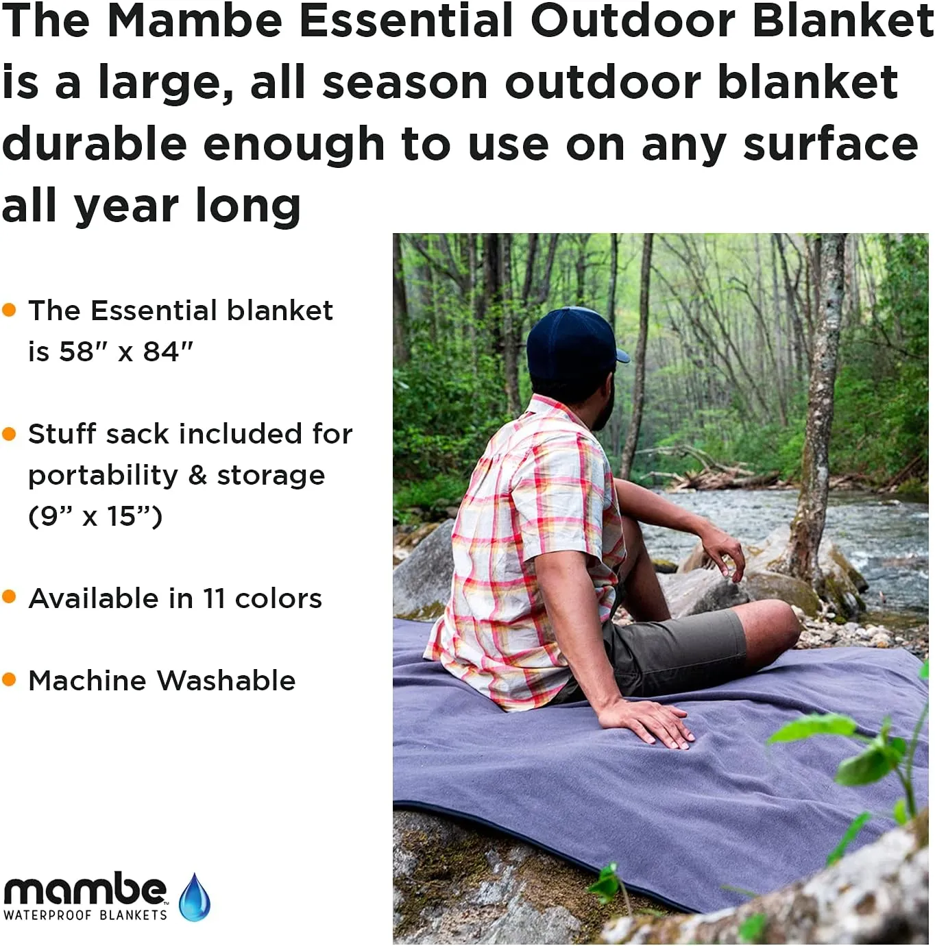 Mambe Large Essential Outdoor Blanket Charcoal - 100% Waterproof and Windproof - Machine Washable Fleece and Nylon Throw for Outdoor Activities Like Picnics, Camping, Beach