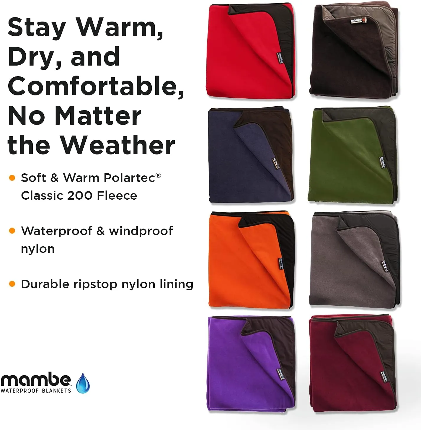 Mambe Large Essential Outdoor Blanket Charcoal - 100% Waterproof and Windproof - Machine Washable Fleece and Nylon Throw for Outdoor Activities Like Picnics, Camping, Beach