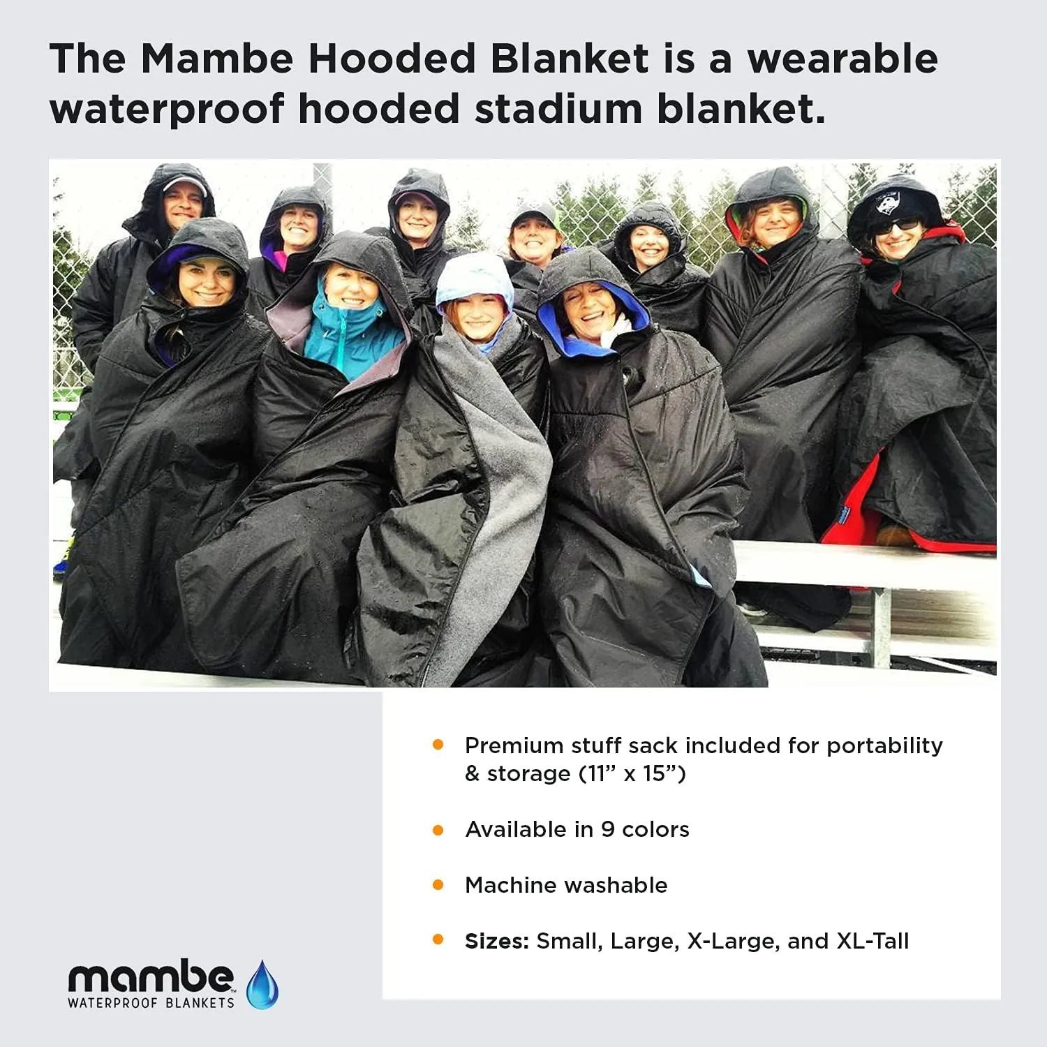 Mambe Small Extreme Weather Hooded Blanket Red and Black - 100% Waterproof and Windproof with Premium Stuff Sack - Perfect for Stadiums and Watching Sports Activities - Machine Washable Fleece