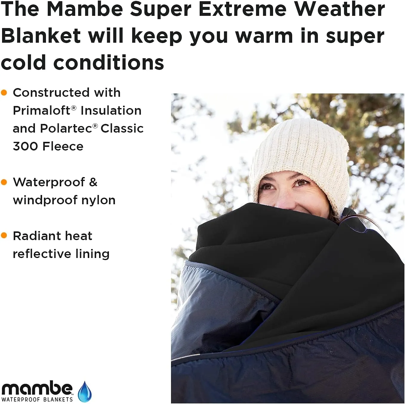 Mambe Super Extreme Weather Outdoor Blanket - Charcoal - 100% Waterproof & Windproof - Insulated Polarfleece Blanket for Activities Like Cold Weather Camping & Winter Sports, Machine Washable