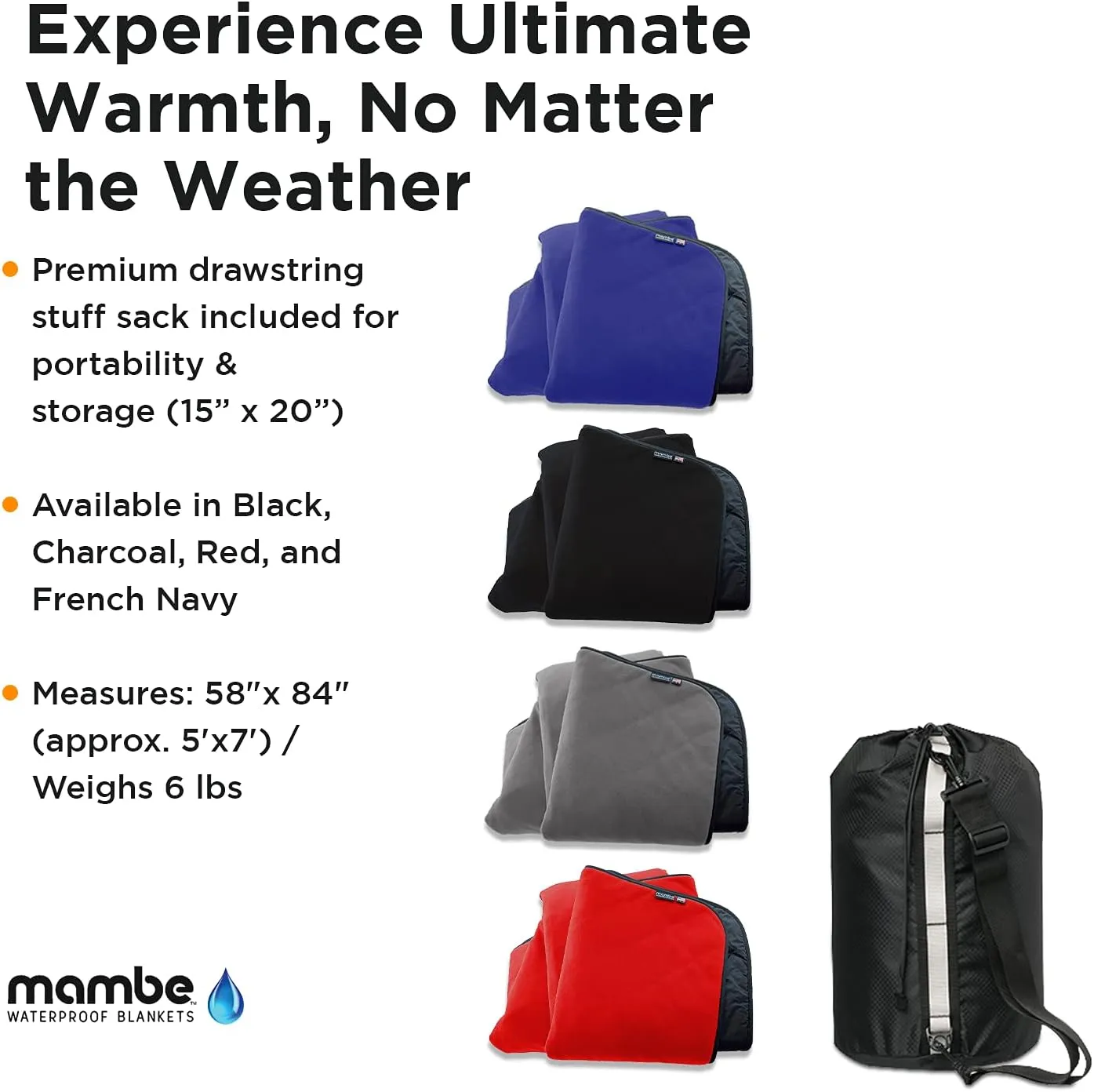 Mambe Super Extreme Weather Outdoor Blanket - Charcoal - 100% Waterproof & Windproof - Insulated Polarfleece Blanket for Activities Like Cold Weather Camping & Winter Sports, Machine Washable