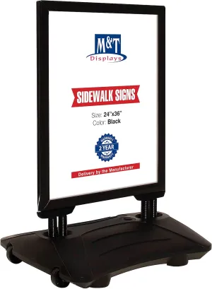 M&T Displays WindPro Weather and Wind Resistant Outdoor Pavement Sidewalk Sign for 24x36 Posters Black Aluminum Easy Front Loading Snap Frame with Durable HDPE Black Water Base