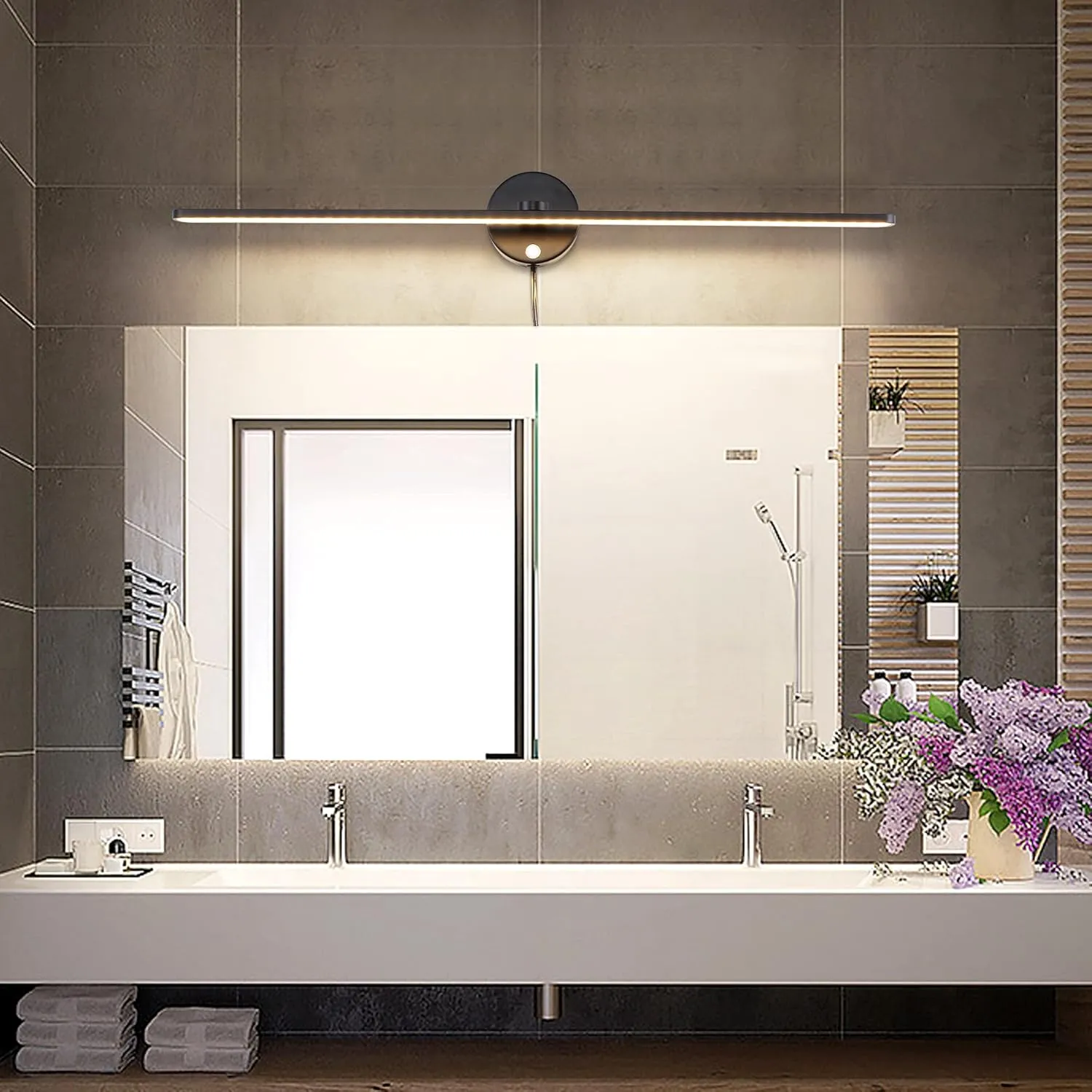 MantoLite 32'' Picture Lights for Wall，Vanity Lights for Bathroom,Plug-in or Hardwired，18W 3000K LED Dimmable Modern Bathroom Lighting Fixtures Over Mirror and Wall Lights for Bedroom（Black）