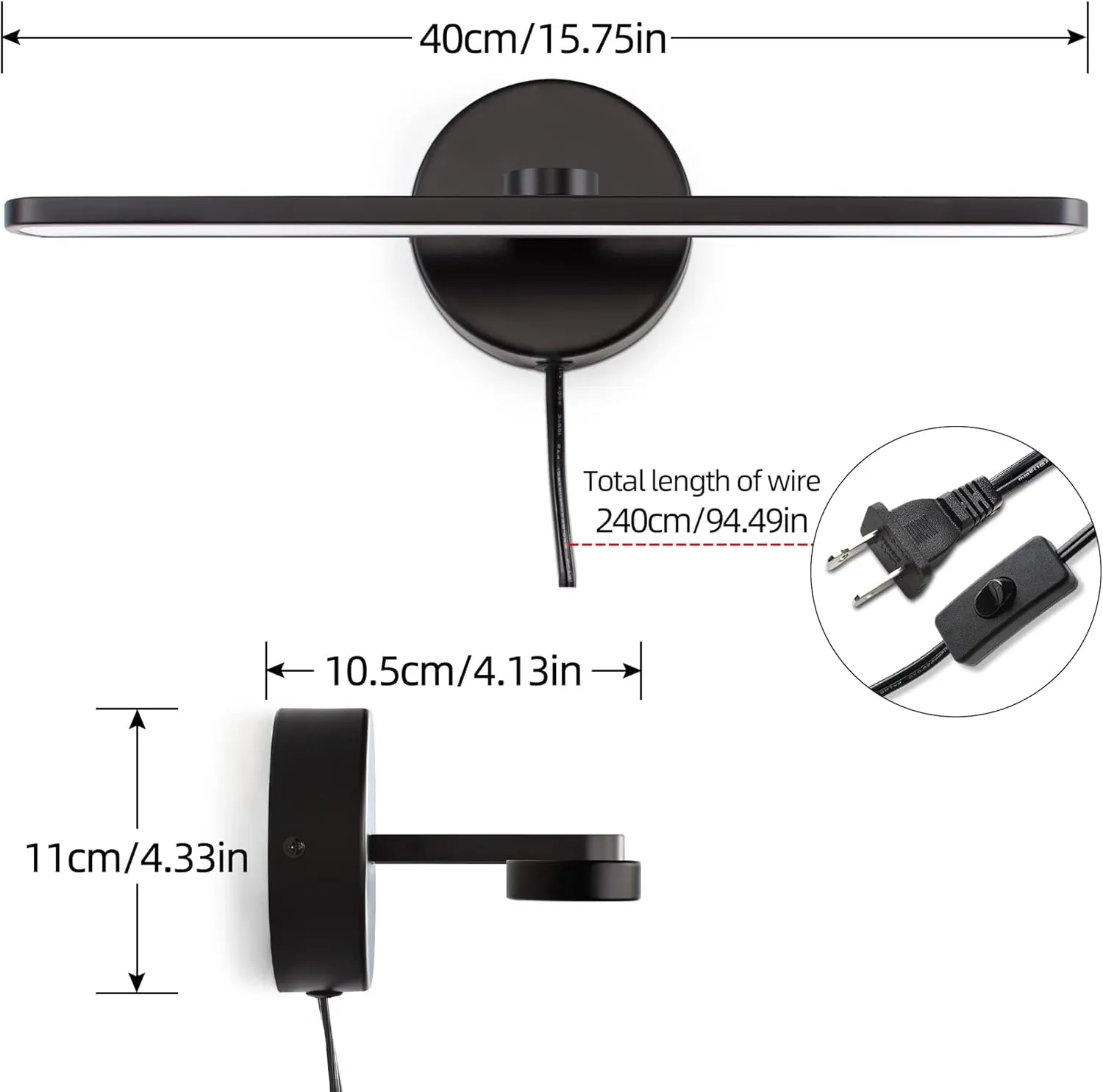 MantoLite LED Vanity Lighting Fixtures, 15.75 inch Wall Mounted Plug in Light Fixtures, Bathroom Over Mirror Lamp Modern Home Wall Picture Lamps Sconces, 12W 3000K Black Make-up Mirror Front Lamps