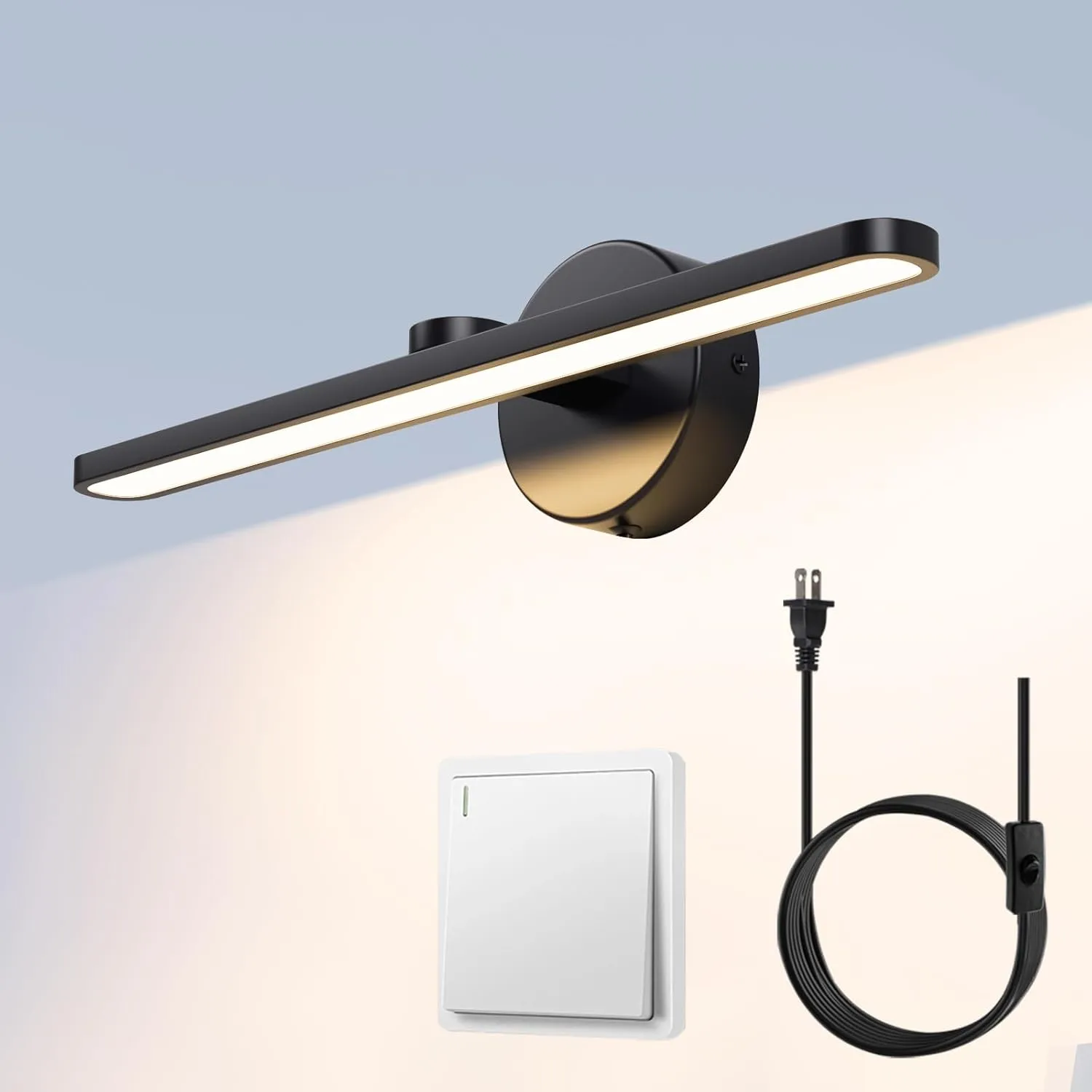 MantoLite LED Vanity Lighting Fixtures, 15.75 inch Wall Mounted Plug in Light Fixtures, Bathroom Over Mirror Lamp Modern Home Wall Picture Lamps Sconces, 12W 3000K Black Make-up Mirror Front Lamps