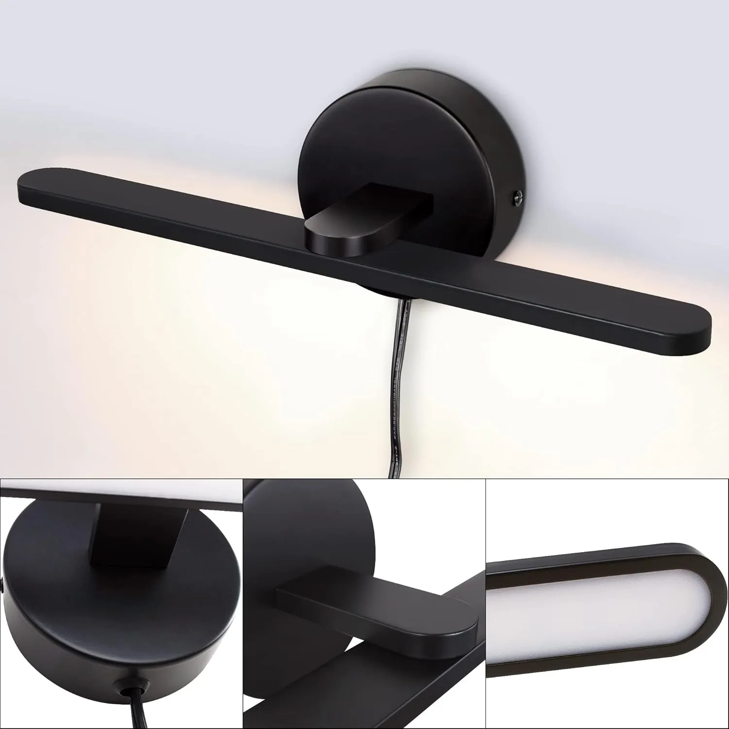 MantoLite LED Vanity Lighting Fixtures, 15.75 inch Wall Mounted Plug in Light Fixtures, Bathroom Over Mirror Lamp Modern Home Wall Picture Lamps Sconces, 12W 3000K Black Make-up Mirror Front Lamps
