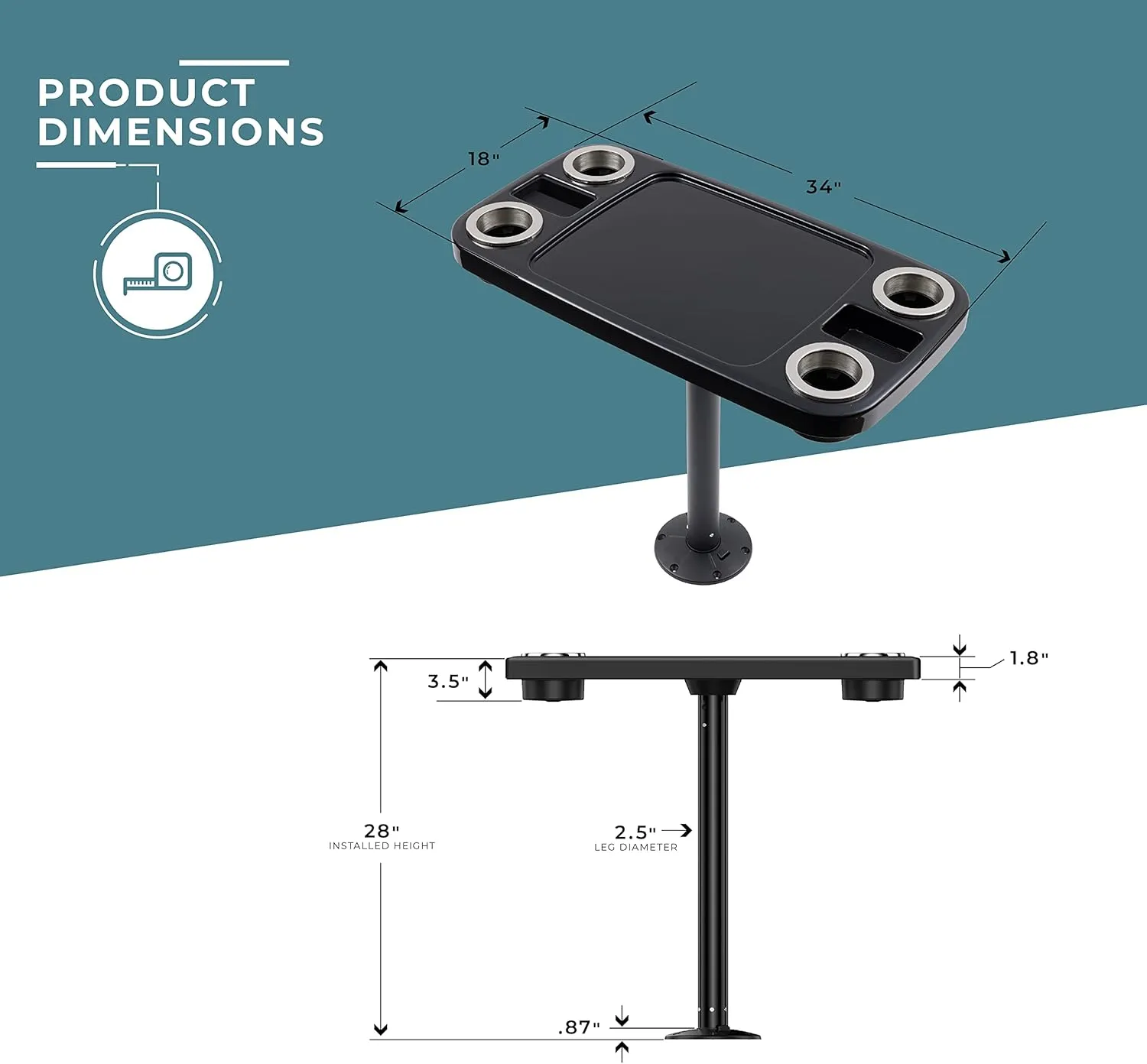 Manufacturers' Select ITC Boat Table Set - 18"x34" Removable Pontoon Boat Table with Pedestal Leg, 4 Drink Holders, and 2 Phone Stands (Glossy Black Table with Black Leg)