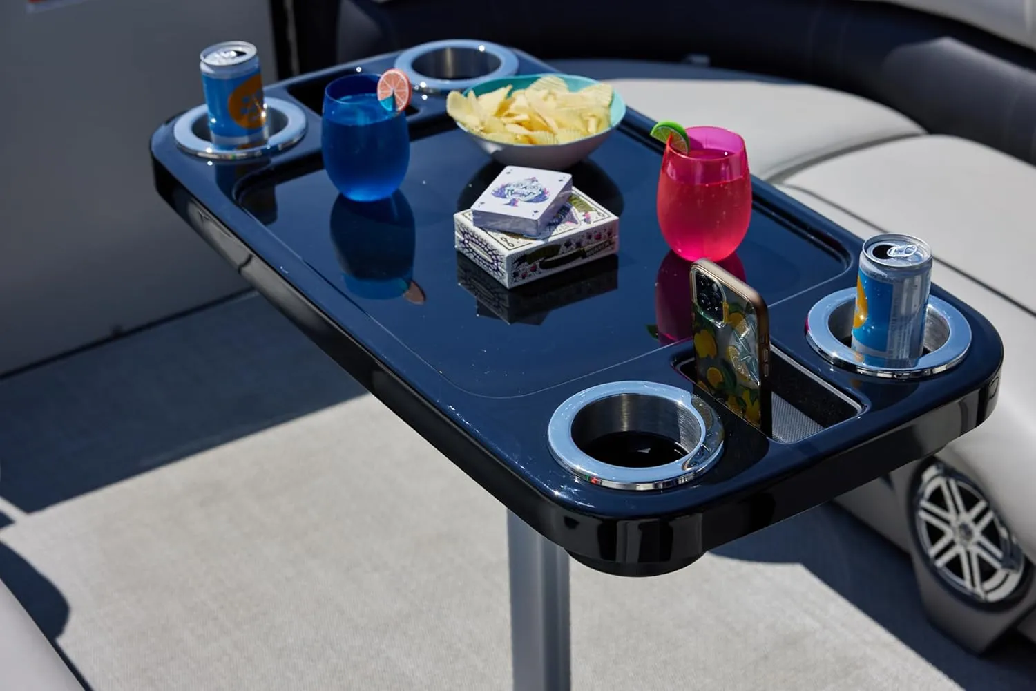 Manufacturers' Select ITC Boat Table Set - 18"x34" Removable Pontoon Boat Table with Pedestal Leg, 4 Drink Holders, and 2 Phone Stands (Glossy Black Table with Black Leg)