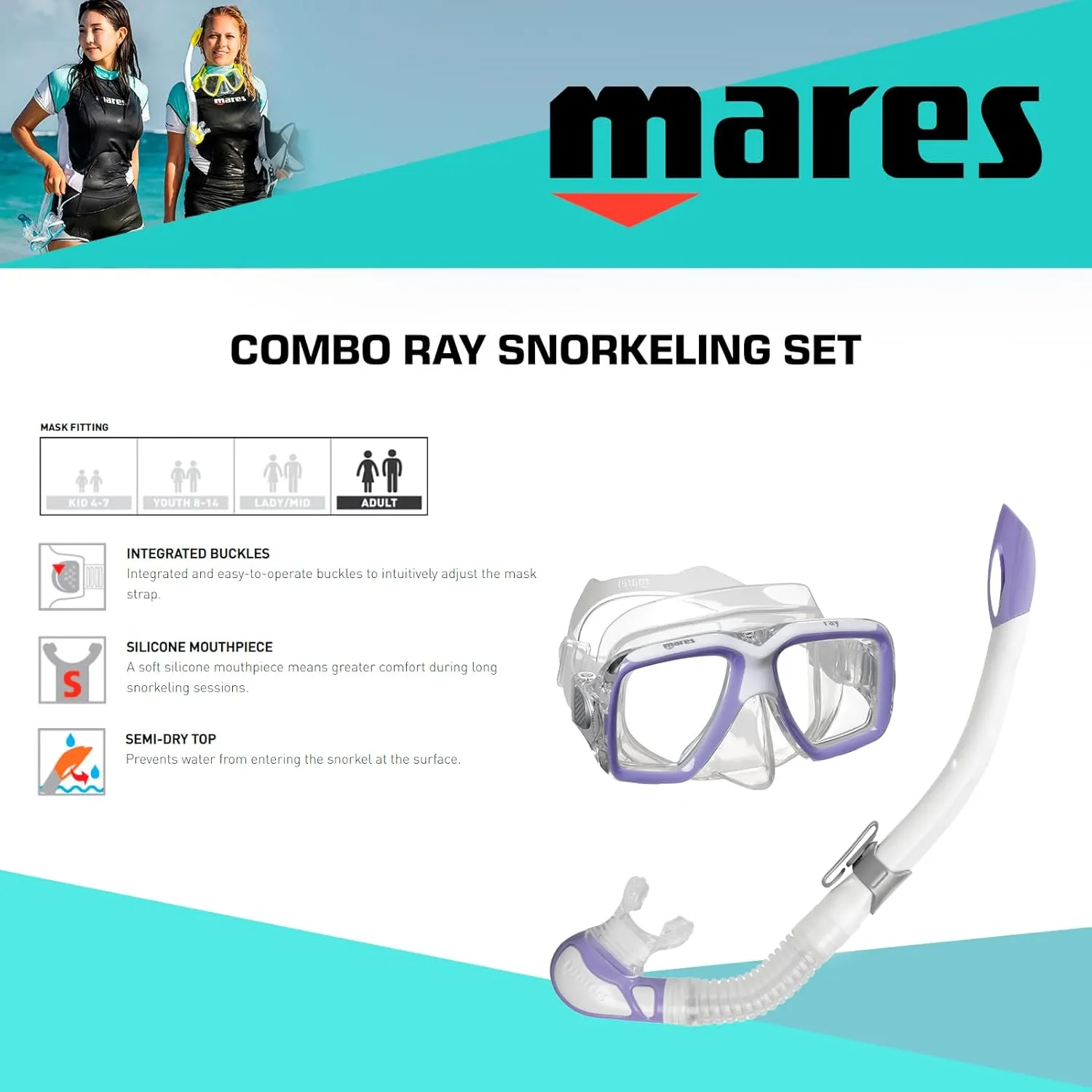 MARES Unisex Adult Ray Snorkeling Combo, Mask & Snorkel Diving Set