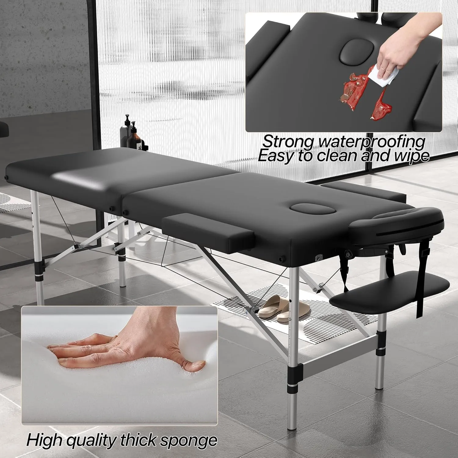 Massage Table Massage Bed, Portable 2 Section Foldable Tattoo Bed, Height Adjustable Lash Spa Bed with Face Cradle, Home Light Weight Facial Salon Bed with Aluminum Frame, Black