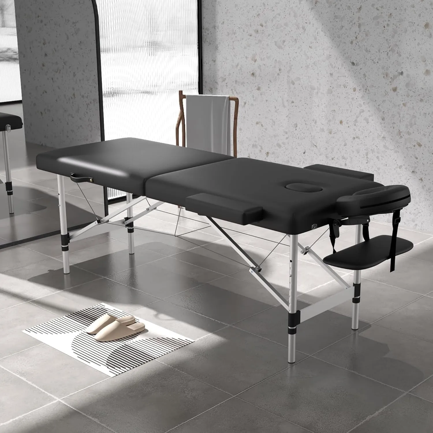 Massage Table Massage Bed, Portable 2 Section Foldable Tattoo Bed, Height Adjustable Lash Spa Bed with Face Cradle, Home Light Weight Facial Salon Bed with Aluminum Frame, Black