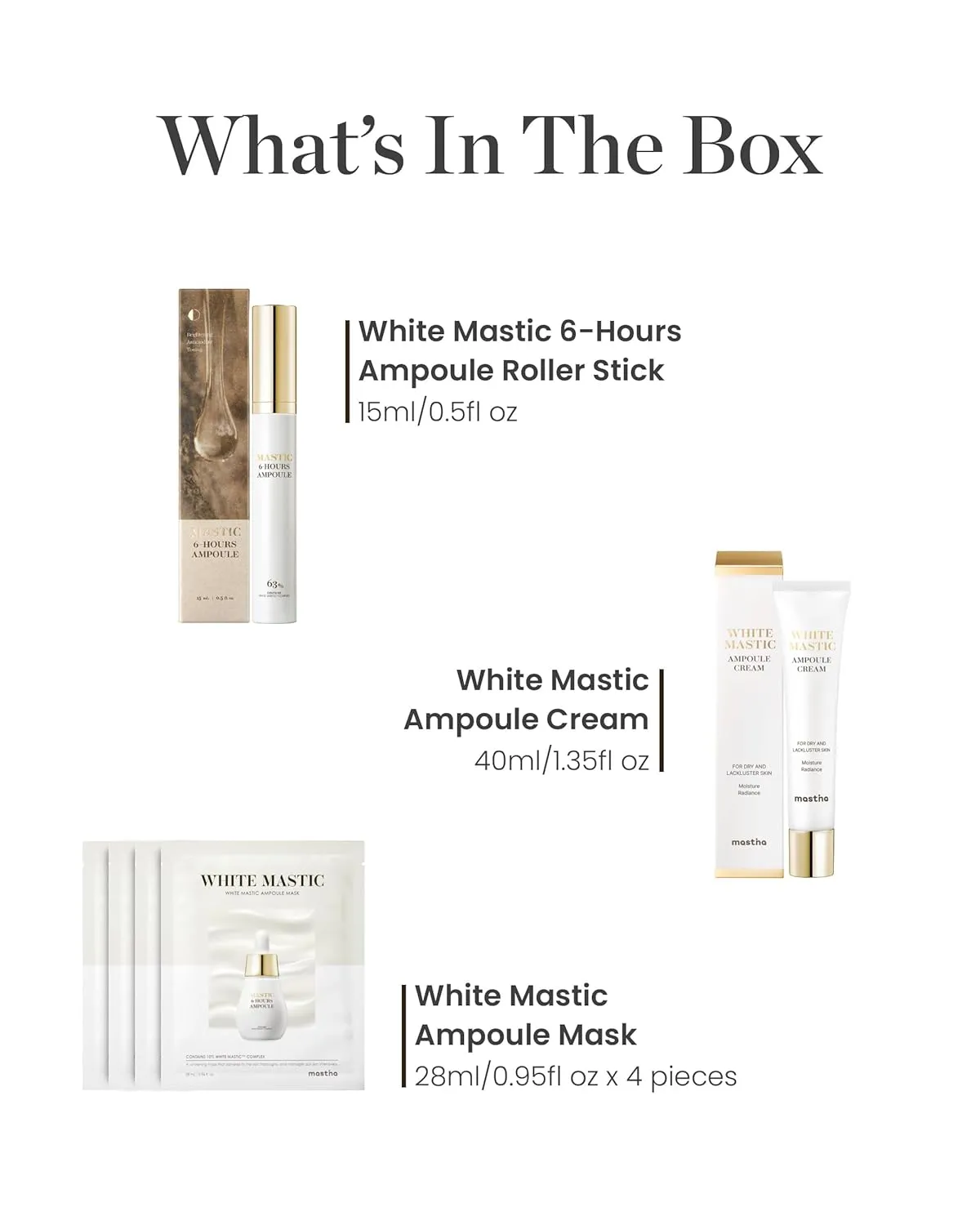 MASTINA White Mastic Essential Skin Care Set- Cream, Ampoule Massager Roller Stick & Sheet Mask Set for Skin Care. Korean Skin Care. Vegan Collagen, Beta-Glucan