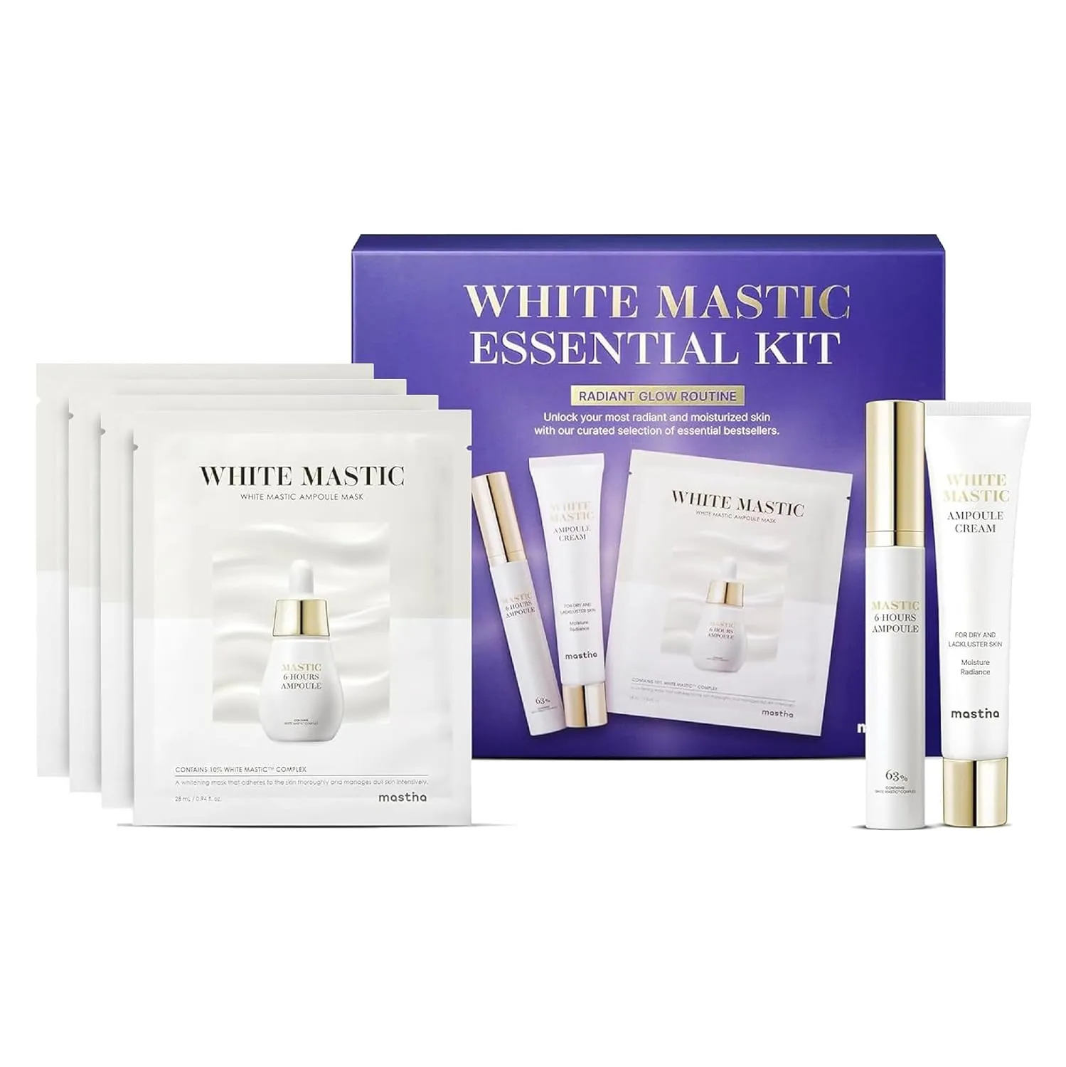MASTINA White Mastic Essential Skin Care Set- Cream, Ampoule Massager Roller Stick & Sheet Mask Set for Skin Care. Korean Skin Care. Vegan Collagen, Beta-Glucan
