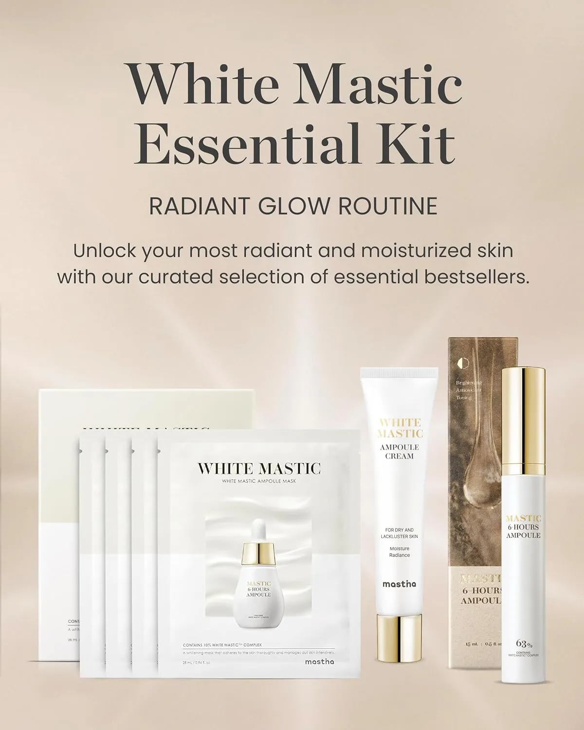 MASTINA White Mastic Essential Skin Care Set- Cream, Ampoule Massager Roller Stick & Sheet Mask Set for Skin Care. Korean Skin Care. Vegan Collagen, Beta-Glucan