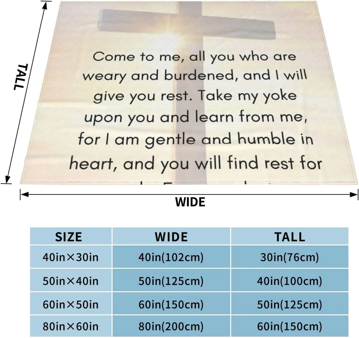 Matthew 11：28-30 60"X50" Flannel Blanket - 100% Soft Polyester, Lightweight and Warm, Suitable for Families, Camping, Travel