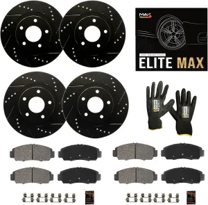 Max Advanced Brakes Front & Rear Brake Kit Compatible With 2014-2019 2020 Mitsubishi Outlander/Outlander Sport RVR Replacement Drilled Slotted Black Coated Disc Brake Rotors and Ceramic Brake Pads