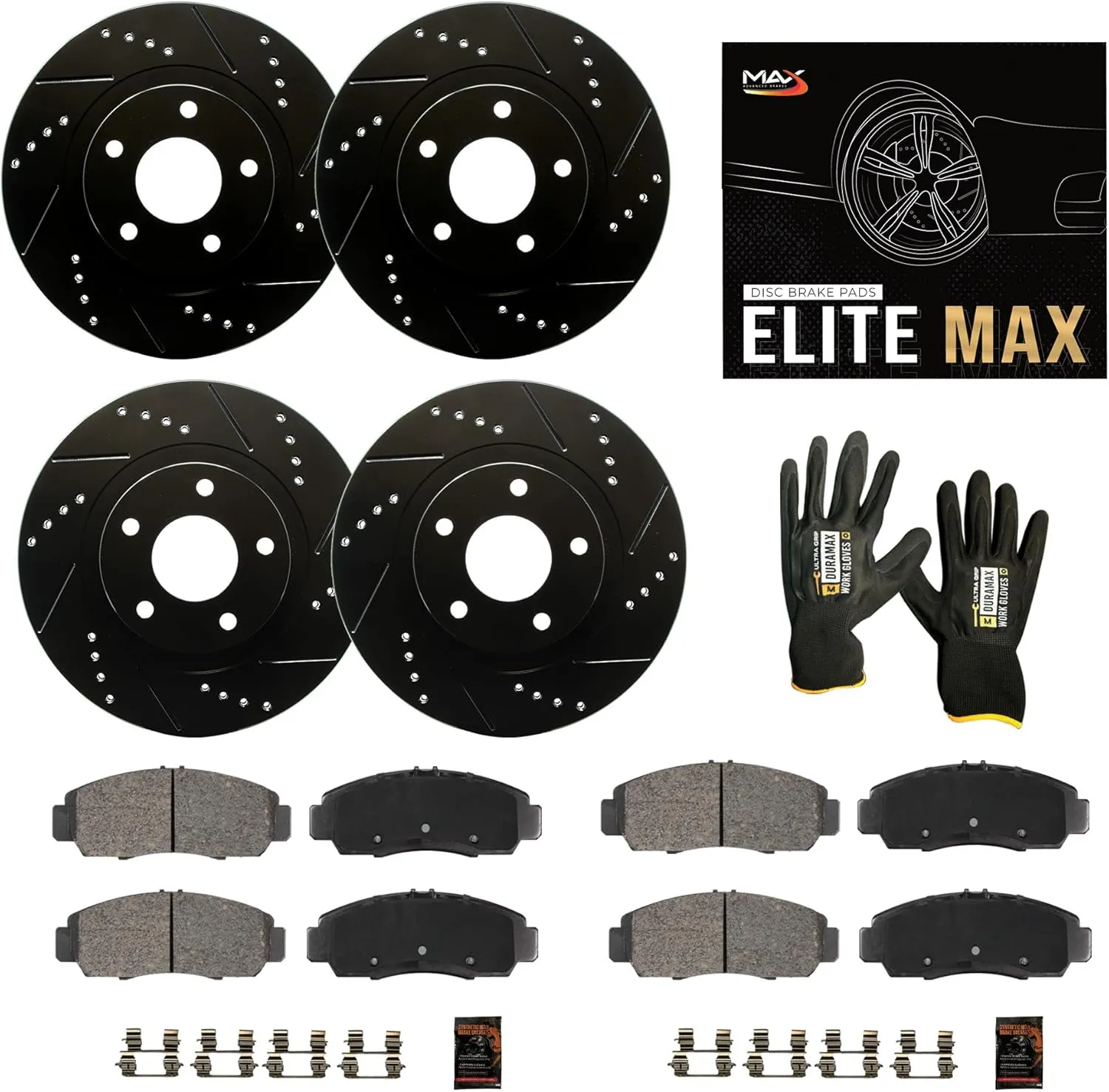 Max Advanced Brakes Front & Rear Brake Kit Compatible With 2017 2018 2019 2020 Hyundai Elantra Exc 1.6 L4 Engine Replacement Drilled Slotted Black Coated Disc Brake Rotors and Ceramic Brake Pads